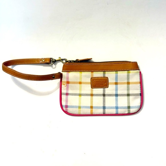 Coach Handbags - COACH Plaid Wristlet in Tan and Pink